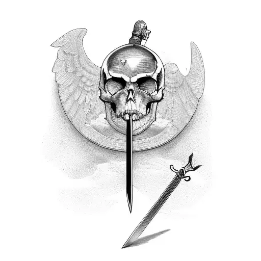 A Sword Stuck In A Stove With A Winged Skull On It