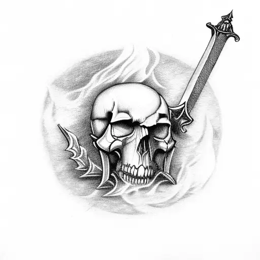 Sword Stick In A Bonfire With A Winged Skull On It