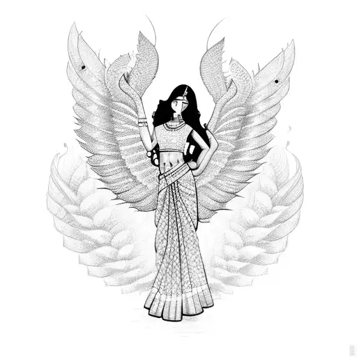 Indian Girl In Saree With Wings On Arm