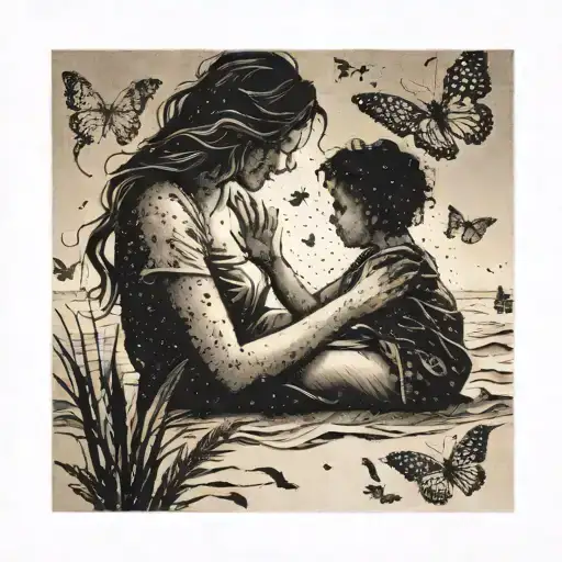 A Mother And Child Silhouette Playing On The Beach Surrounded By Butterflies