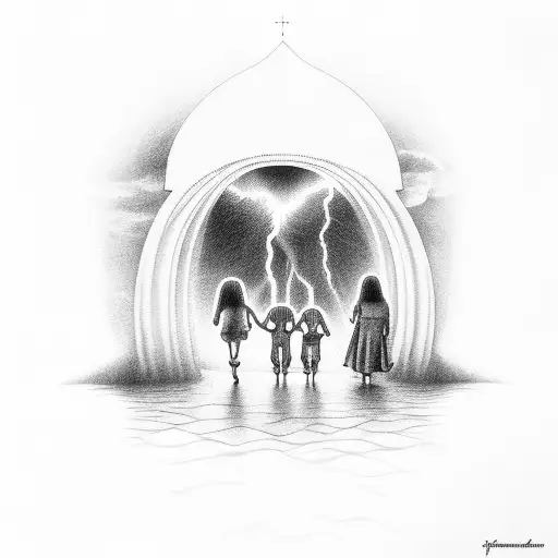 Heaven Gates With Lightening Storm Above And Jesus Walking Child Up