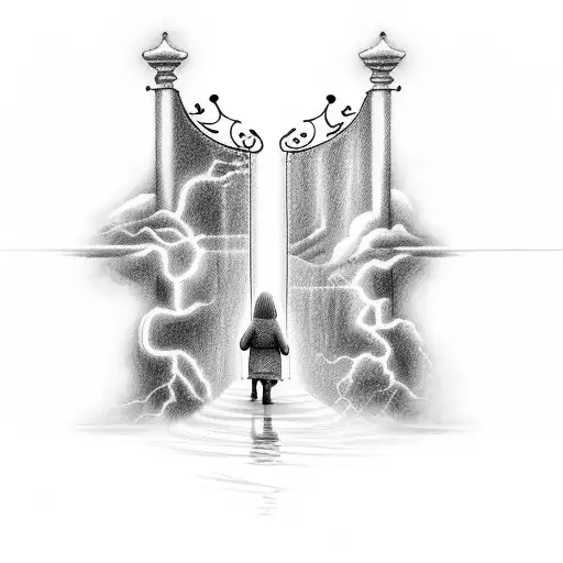 Heaven Gates With Lightening Storm Above And Jesus Walking Child Up