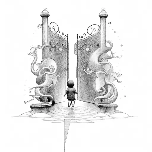 Heaven Gates And Stairs With Lightening Storm Above And Jesus Walking Child Up