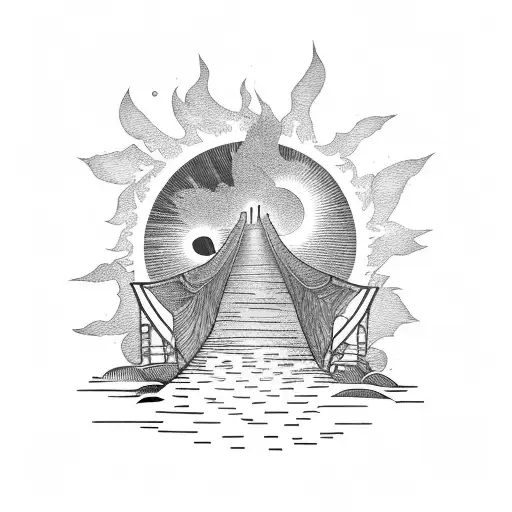 Man Watching A Burning Bridge In Front Of A Sunset Tattoo