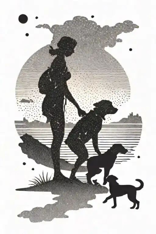 A Silhouette Of A Mother And Son Playing On The Beach With A Dog By Their Side Tattoo