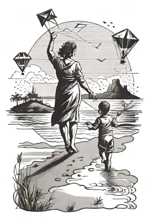 A Beach Landscape With A Mother And Son Flying Kites