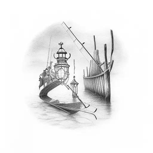 A Lantern And A Fishing Rod Side By Side