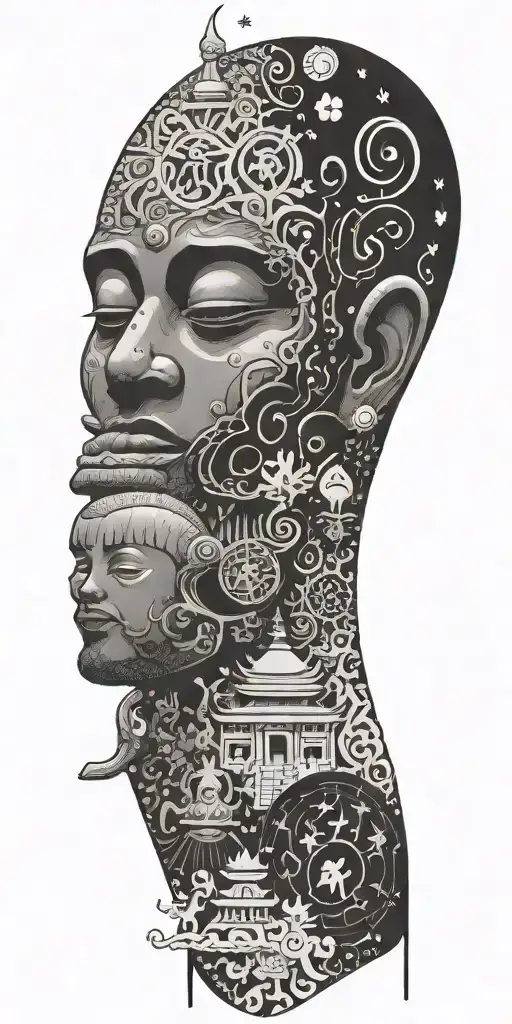 Funny And Silly Anime Characters With Buddhist Symbols Filling Background