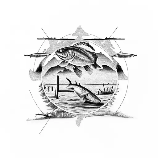 A Collage Of Hunting And Fishing Scenes Incorporating Elements Of Texas And Mississippi Landmarks