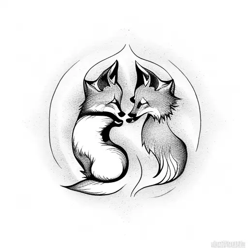 Fox And Wolf Hugging Each Other Like Yin And Yang