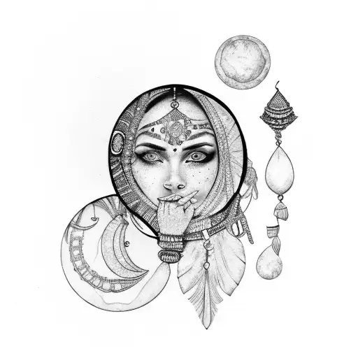 Woman With Indian Jewelry With Three Moons On Face And Blue Eyes Tattoo