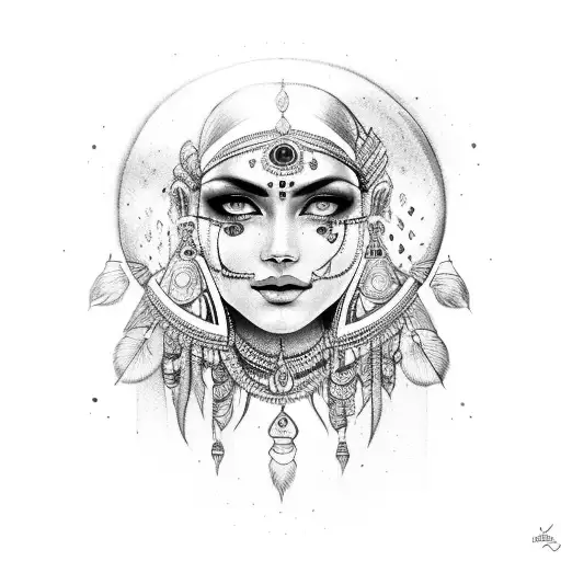 Woman With Indian Jewelry With Three Moons On Face And Blue Eyes Tattoo