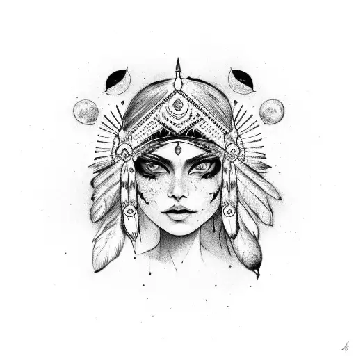Woman With Indian Headdress With Three Moons On Face And Blue Eyes Tattoo