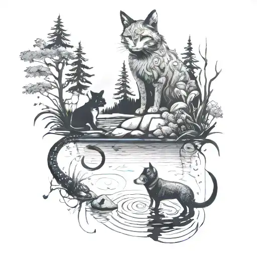 A Whimsical Design Of A Cat And Dog Fishing Together In A Magical Forest Pond