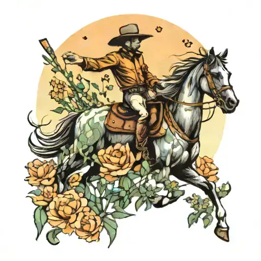 A Cowboy Riding A Horse Through A Field Of Orange And Green Flowers At Sunset Tattoo