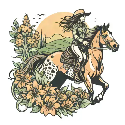 A Cowgirl Riding A Horse Through A Field Of Orange And Green Flowers At Sunset Tattoo