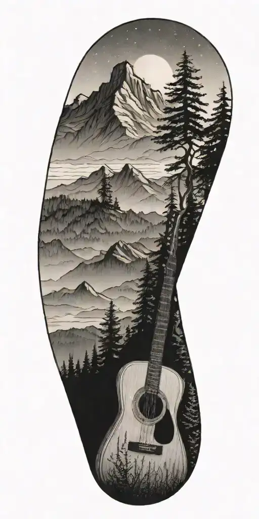 A Mountain Landscape With A Hiking Trail Winding Through It And A Guitar Leaning Against A Tree Tattoo