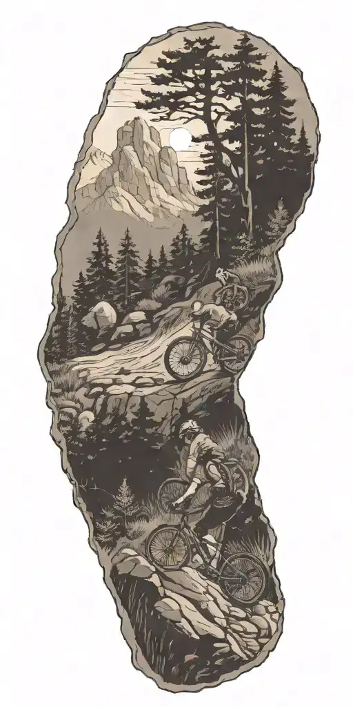 A Mountain Biker Navigating Through A Rugged Trail With Trees And Rocks In The Background