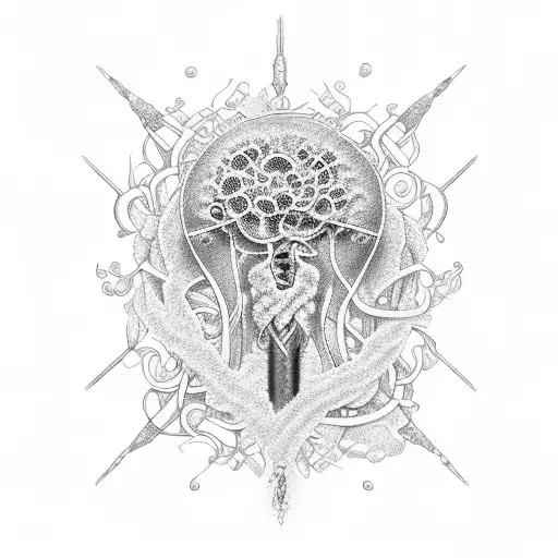 A Delicate Dotwork Design Of The Abvd Chemotherapy Drugs Swirling Around A Cancer Ribbon