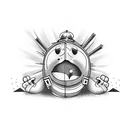 A Dotwork Tattoo Of A Funny Cartoon Character Exploring Different Countries On A Motorcycle