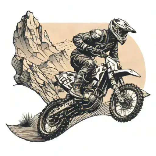 Tattoo Of A Man Sitting On A Motocross Bike With Mountains In The Background