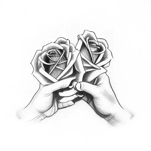 Two Hands Coming Out Of A Hart Holding Each Other With A Rose On Top