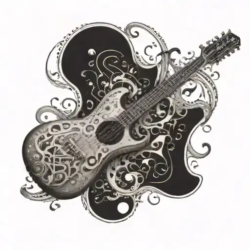 An Intricate Tattoo Of A Truck Merging Into A Guitar Neck With Musical Notes Swirling Around