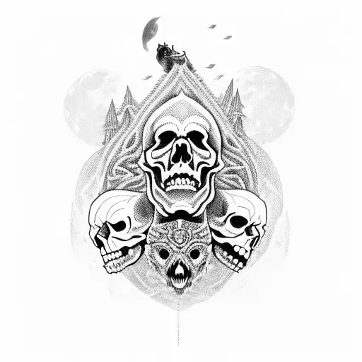 A Skull With Intricate Dotwork Patterns Intertwined With A Pack Of Wolves Howling At The Moon