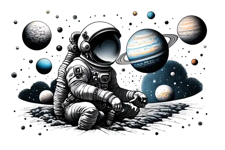 An Ornamental Tattoo With The Planets Of The Solar System That An Astronaut Is Looking At