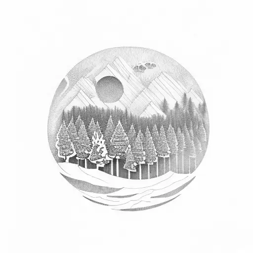 Pine Trees With Water And Sunset