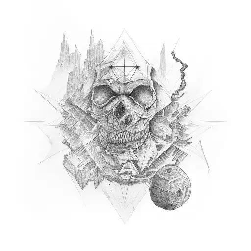 Scar Coverup Tattoo With Geographical Drawing Along With Terrestrial Objects And Modern Equipments