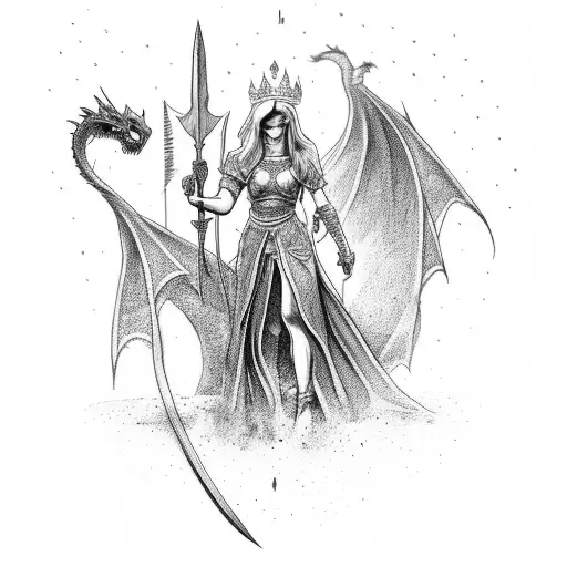 Women In Dress Holding A Crown And Fighting A Dragon With A Sword