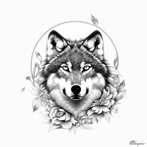 Wolf Portrait With Floral Accents