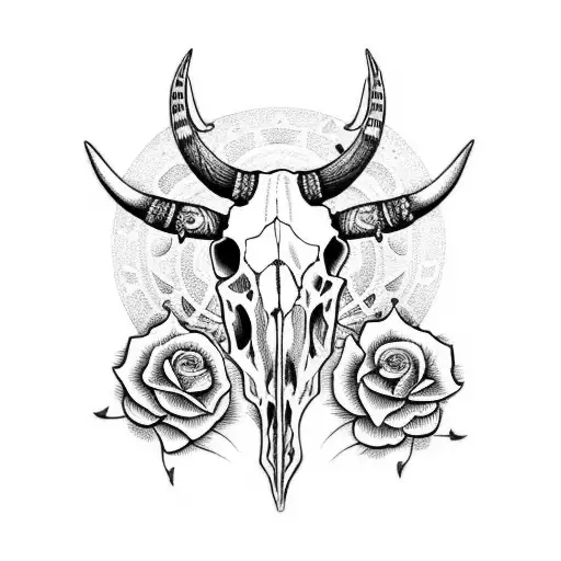 Cow Skull With Roses And Aztec Calendar