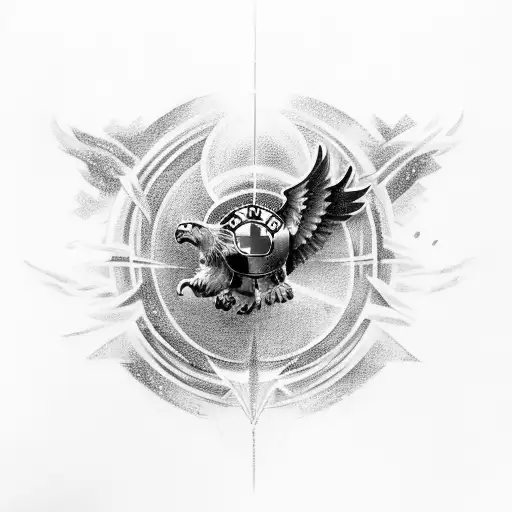 Create A Tattoo Of A Bmw Car Speeding Through A Galaxy With An Eagle Flying Alongside