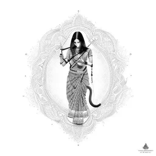 An Intricate Design Of An Indian Woman Playing A Guitar With A Snake Wrapped Around Her Arm