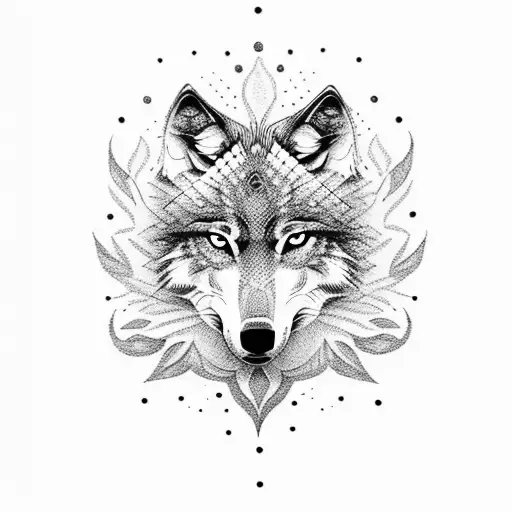 A Dotwork Design Of A Wolf Surrounded By Intricate Forest Details