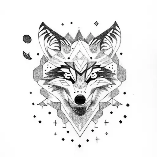 Wolf Face With A Forrest On The Top With A Bear Walking And Moon With Birds