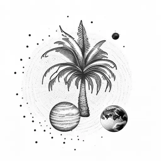 A Dotwork Tattoo Of A Palm Tree With Each Leaf Representing A Different Planet In The Solar System