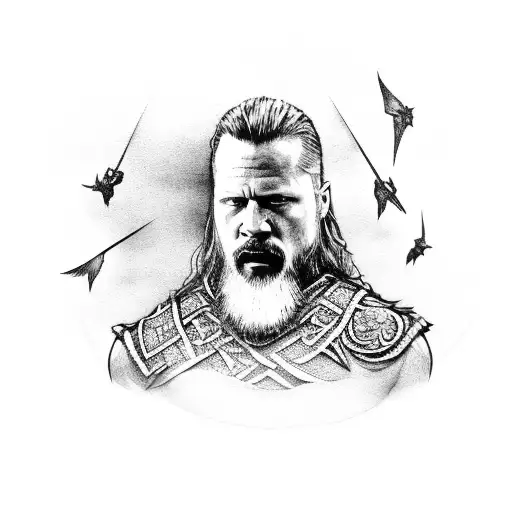 Tagnar Lothbrok With A Raven And A Cross Above Him