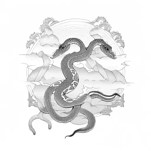 A Traditional Japanese Tattoo Design Incorporating A Snake And Sun Motif