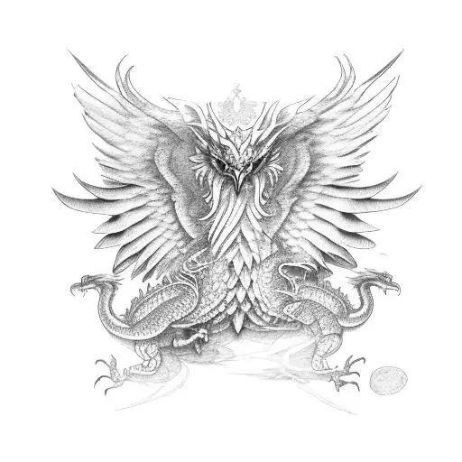 Three-legged Eagle With Large Wings And Two Dragons Under Its Wings
