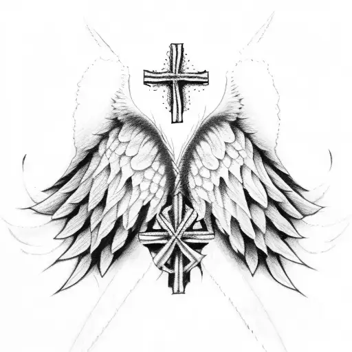 A Angel Wing Wrapped Around Family Only One Wing Wrapped Around 3 Crosses Attached By Circles Tattoo