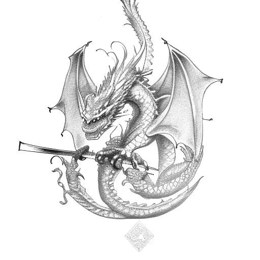 Dragon Flyging Around A Katana