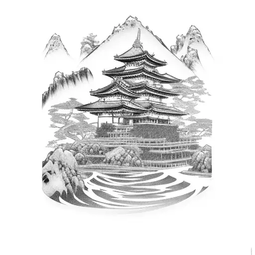 Samurai Gazing Towards Shrine And Koi Fish Climbing Up Waterfall Towards Shrine