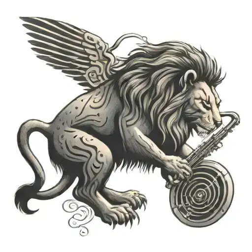 A Tattoo Of A Majestic Lion Playing A Musical Instrument In An Art Deco Style