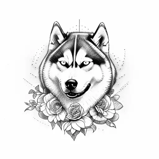 Husky With Flowers