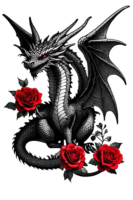 Dragon Wide Wings And Red Roses