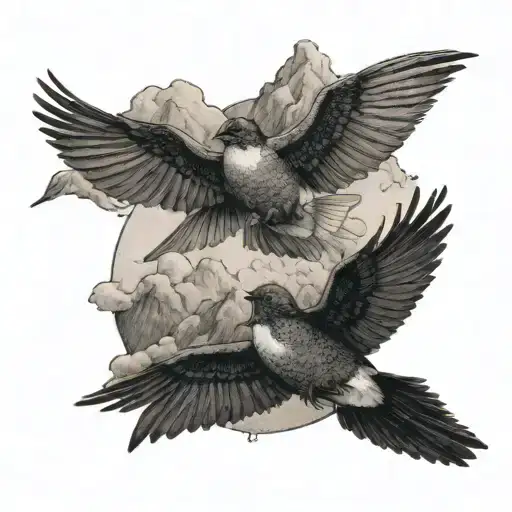 1 Mother Swallow And Two Baby Swallow In Flying Above A Mountain Range