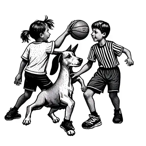 A Whimsical Scene Of Kids Playing Basketball With A Dog As The Referee